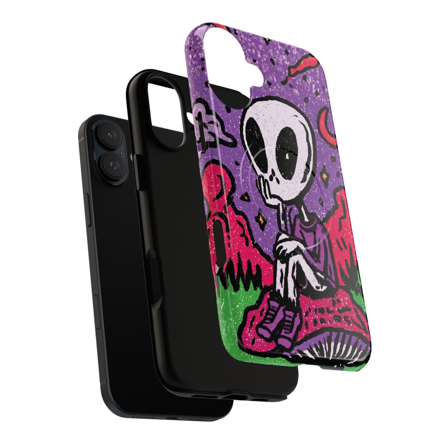 Alien Mushroom Phone Case — Cute Skeletal Space Illustration Tough Magnetic Case
