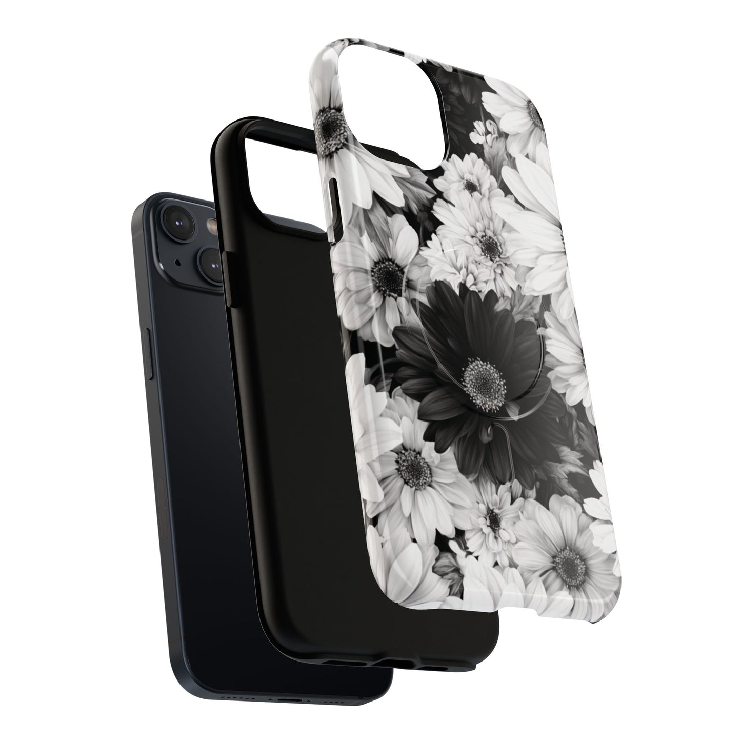 Black & White Floral Tough Magnetic Phone Case — Monochrome Daisy Protection