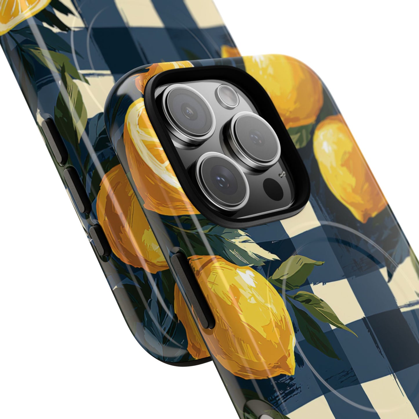 Lemon Check Tough Magnetic Phone Case — Blue Gingham Citrus Design