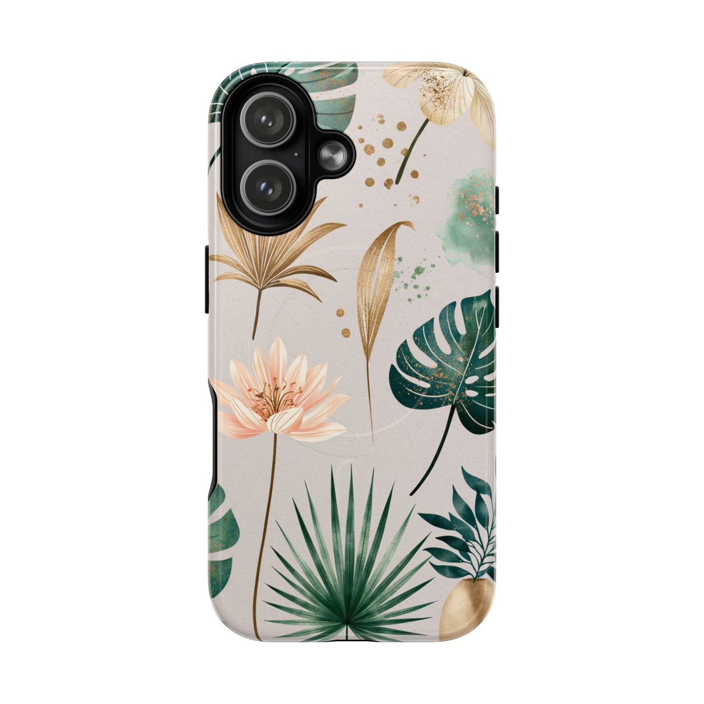 Floral Tropical Tough Magnetic Phone Case — Green Palm & Gold Leaf Design