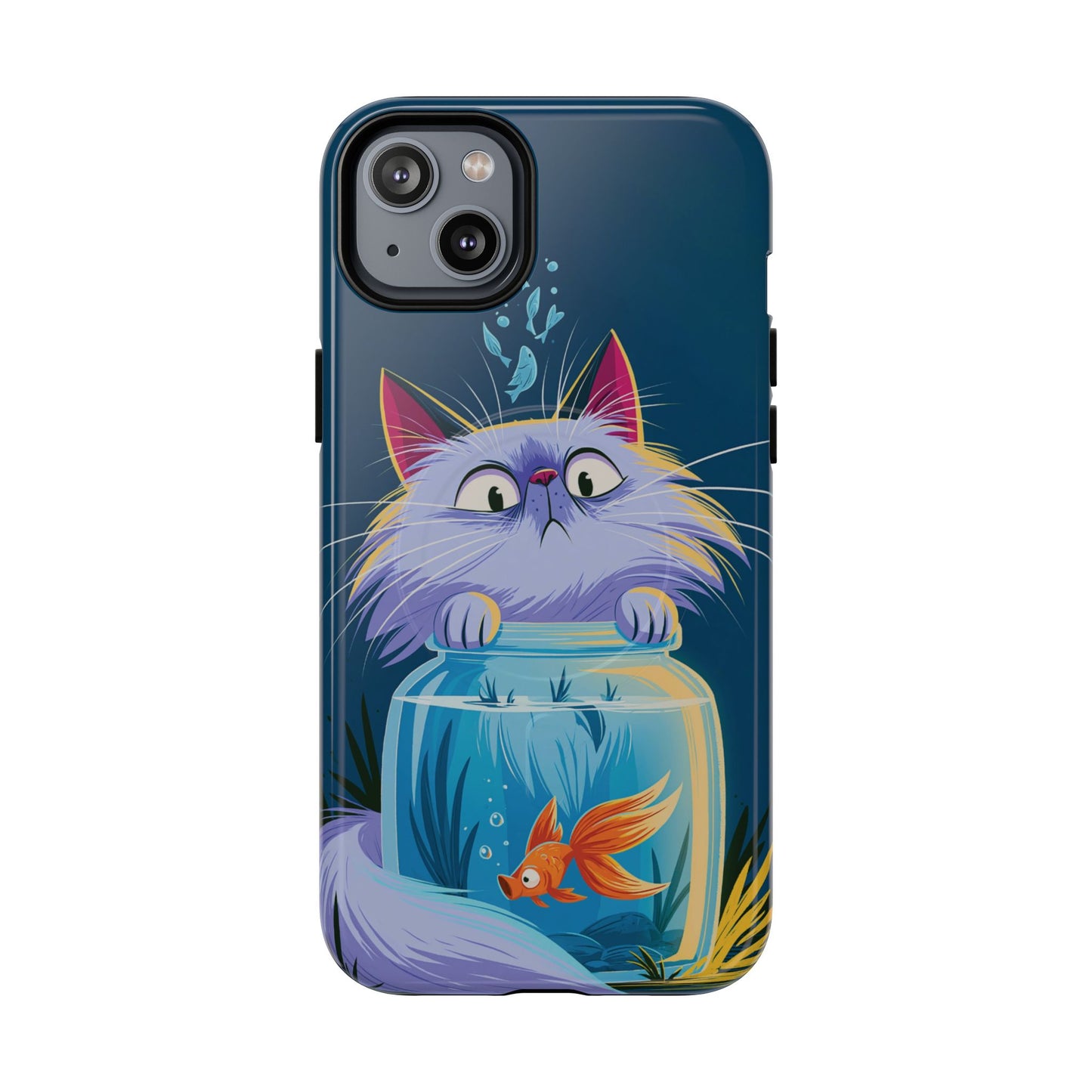 Magnetic Tough Phone Case — Playful Cat & Goldfish Illustration