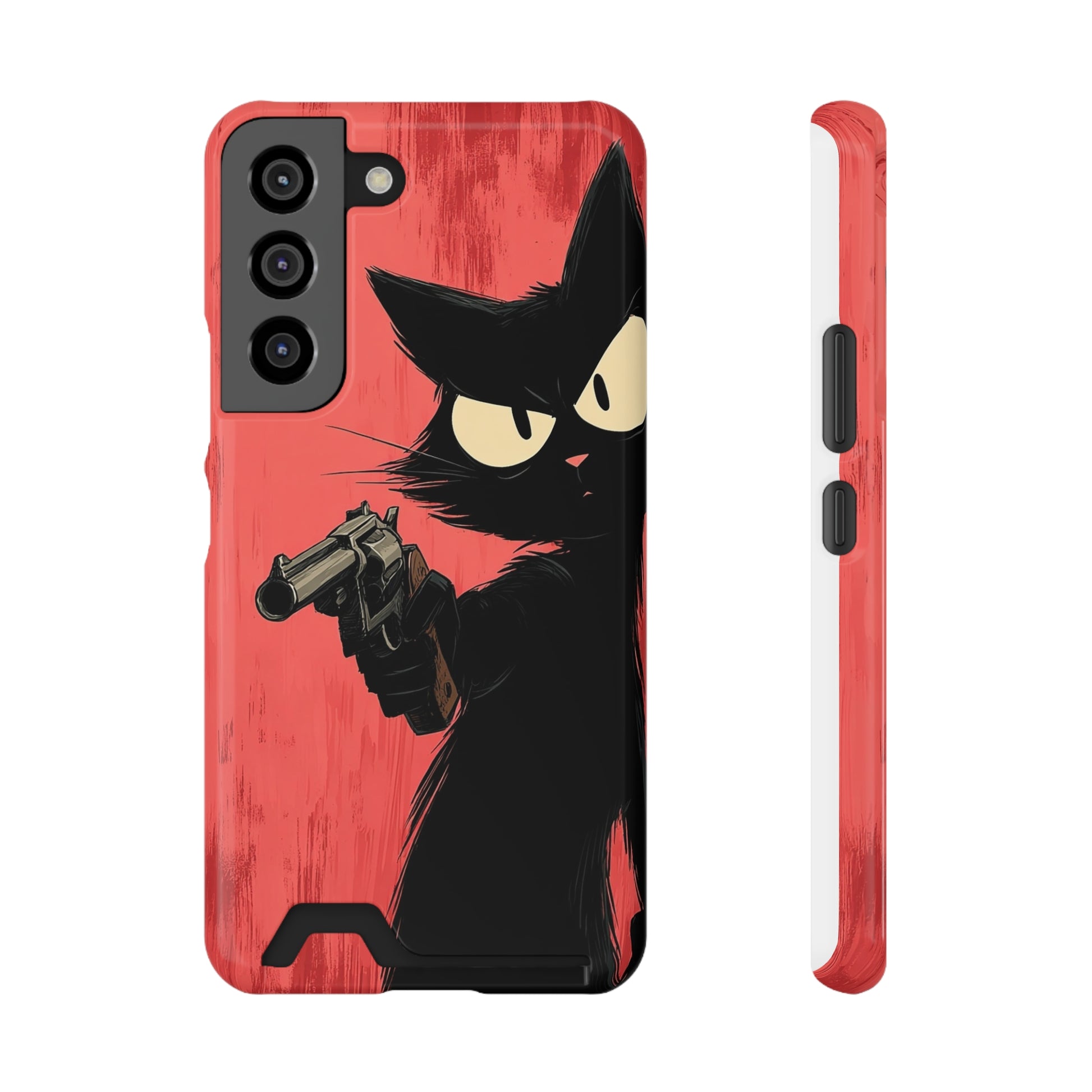 Phone case with card holder featuring cartoon Catfather art in a humorous illustrated style on a bold background