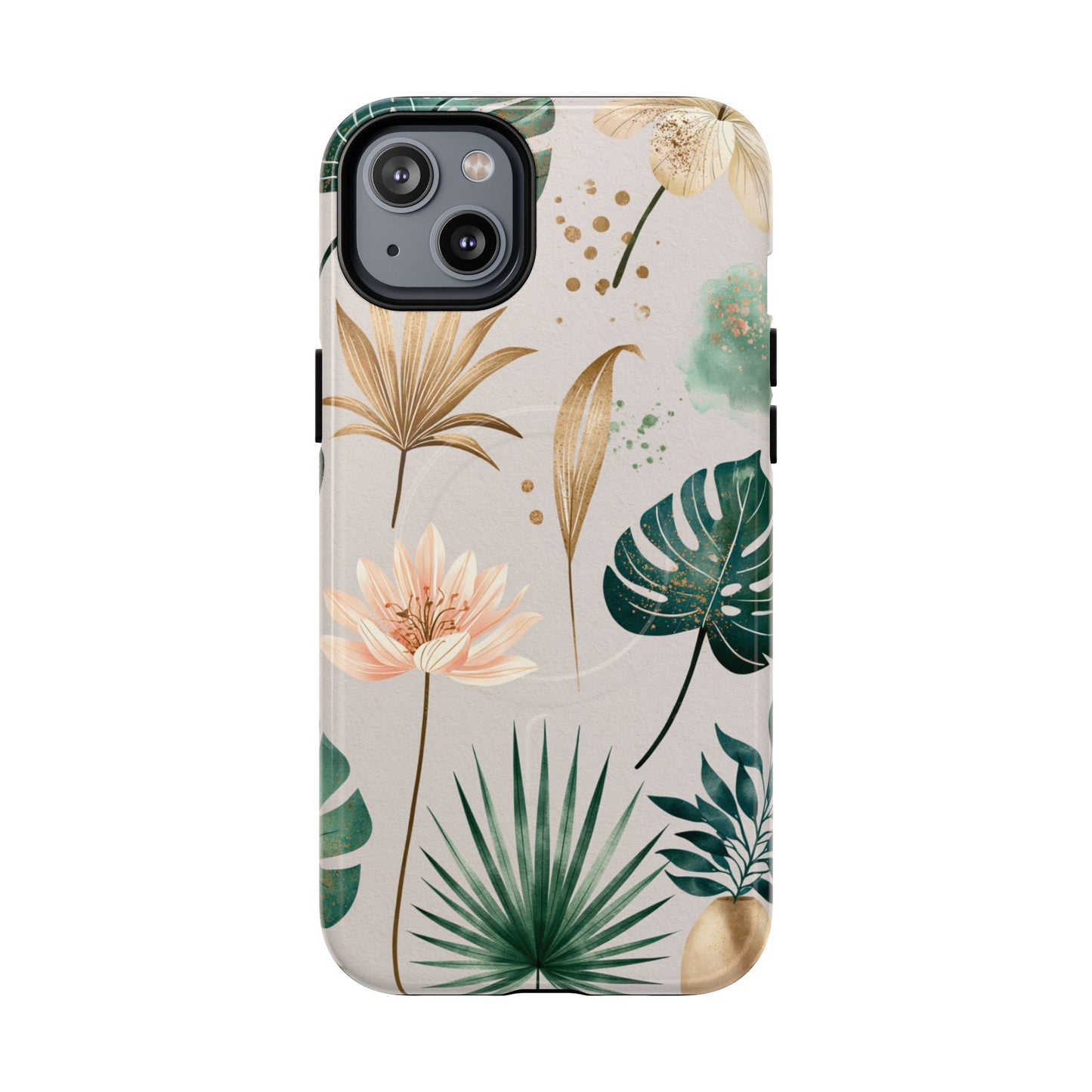 Floral Tropical Tough Magnetic Phone Case — Green Palm & Gold Leaf Design