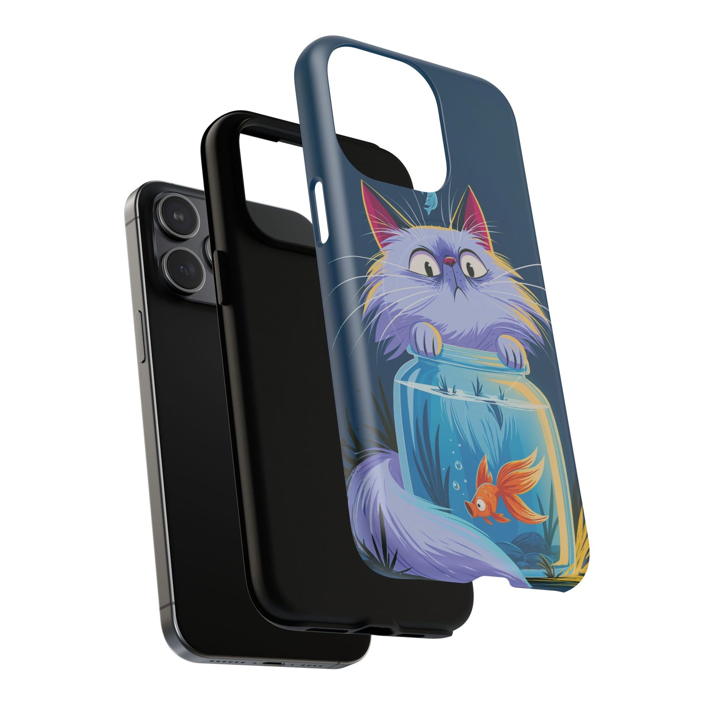 Magnetic Tough Phone Case — Playful Cat & Goldfish Illustration