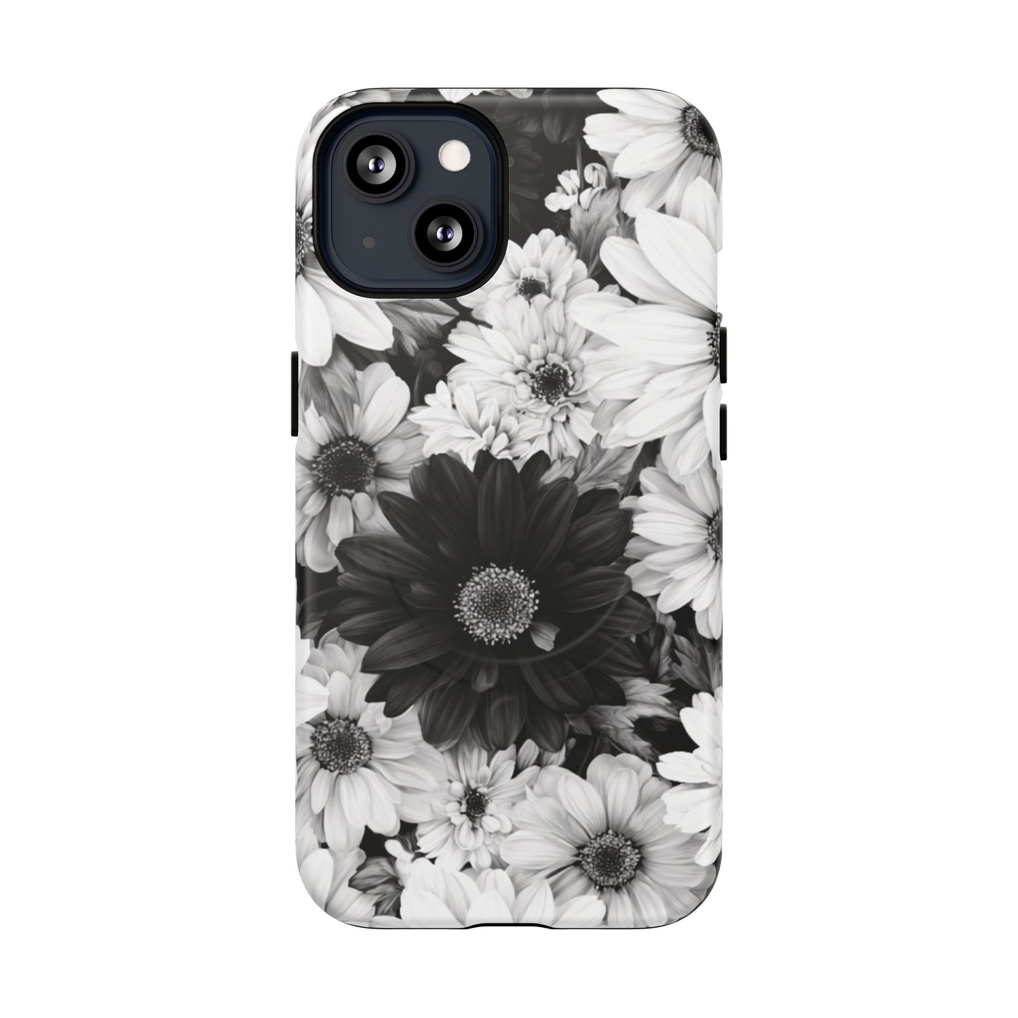 Black & White Floral Tough Magnetic Phone Case — Monochrome Daisy Protection