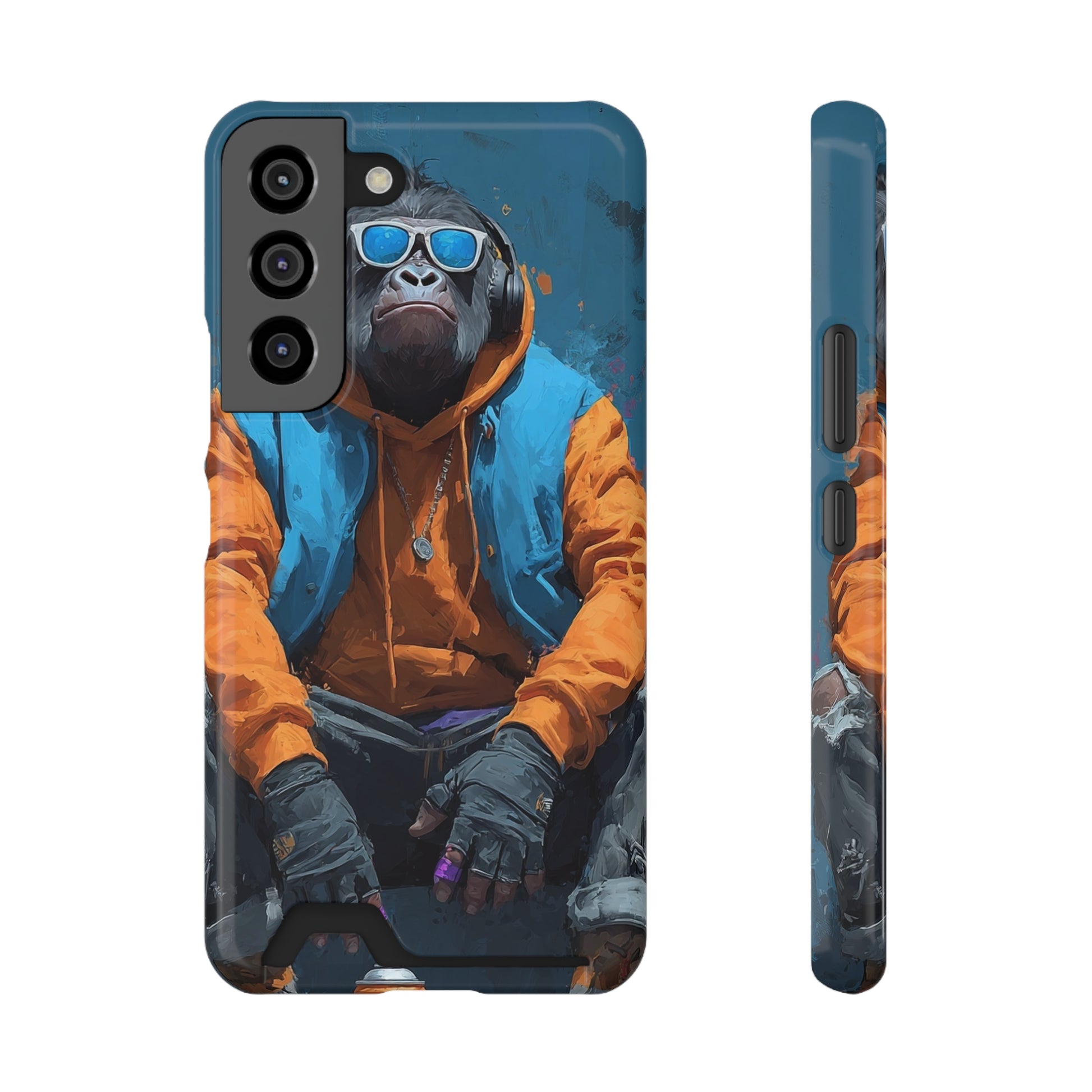 Slim trendy phone case with card holder featuring vibrant graphic animal art design