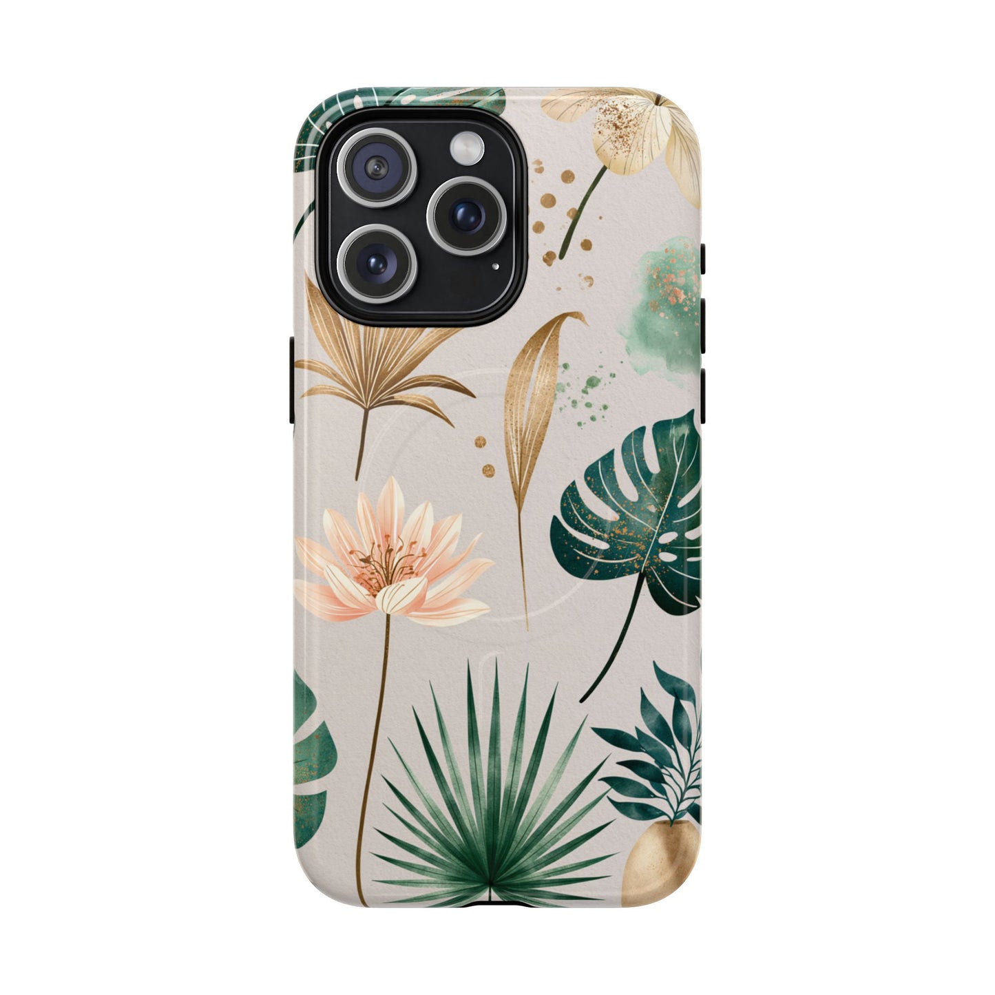 Floral Tropical Tough Magnetic Phone Case — Green Palm & Gold Leaf Design