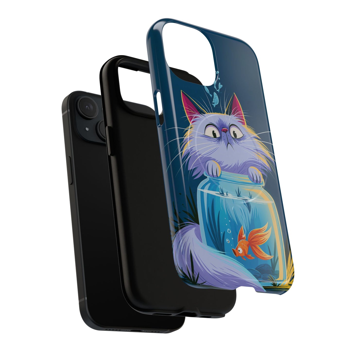Magnetic Tough Phone Case — Playful Cat & Goldfish Illustration