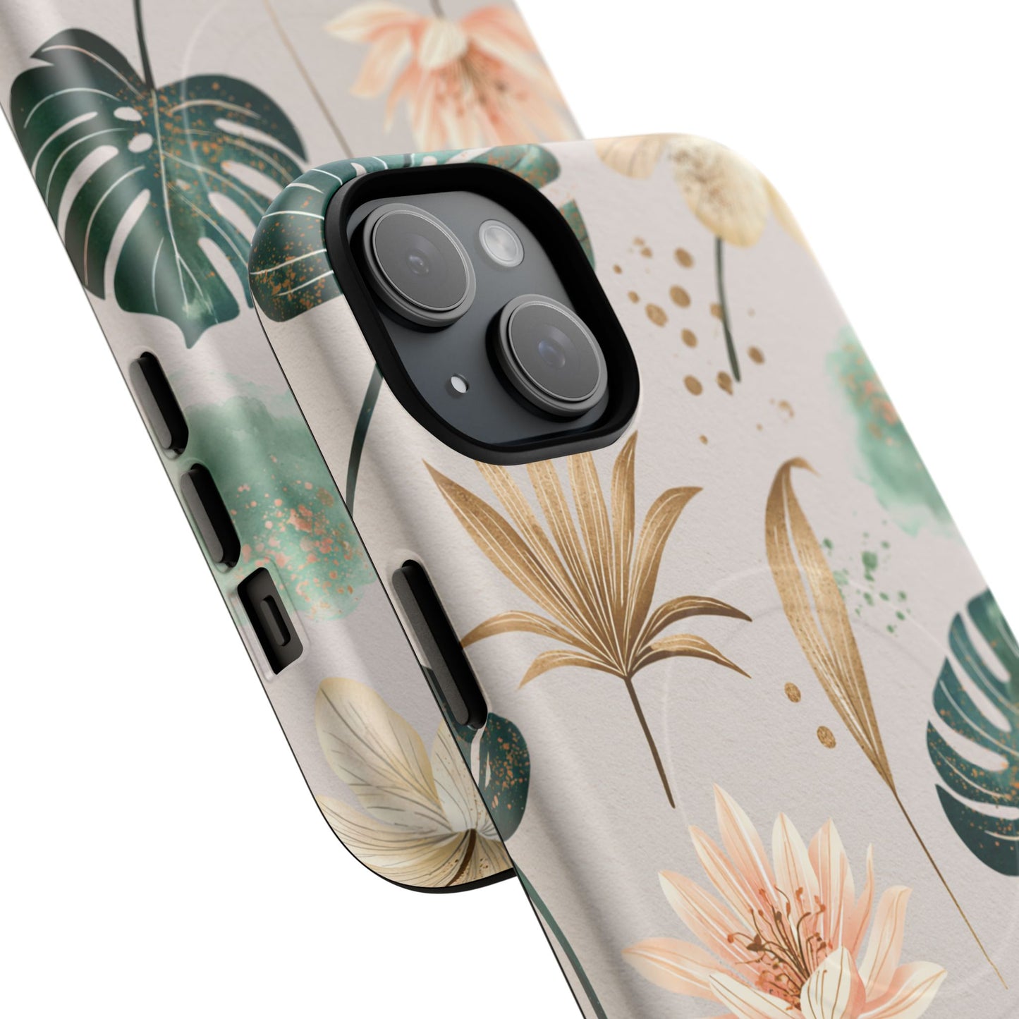 Floral Tropical Tough Magnetic Phone Case — Green Palm & Gold Leaf Design