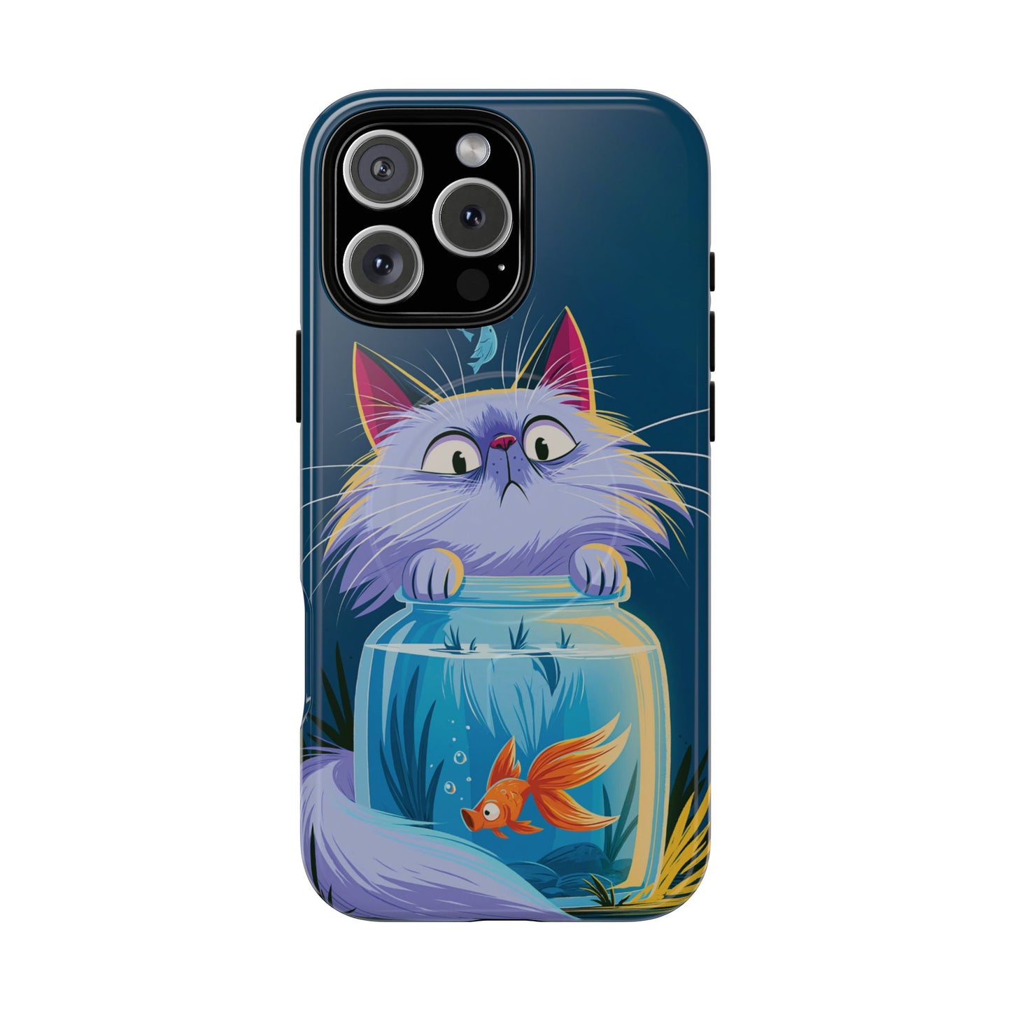Magnetic Tough Phone Case — Playful Cat & Goldfish Illustration