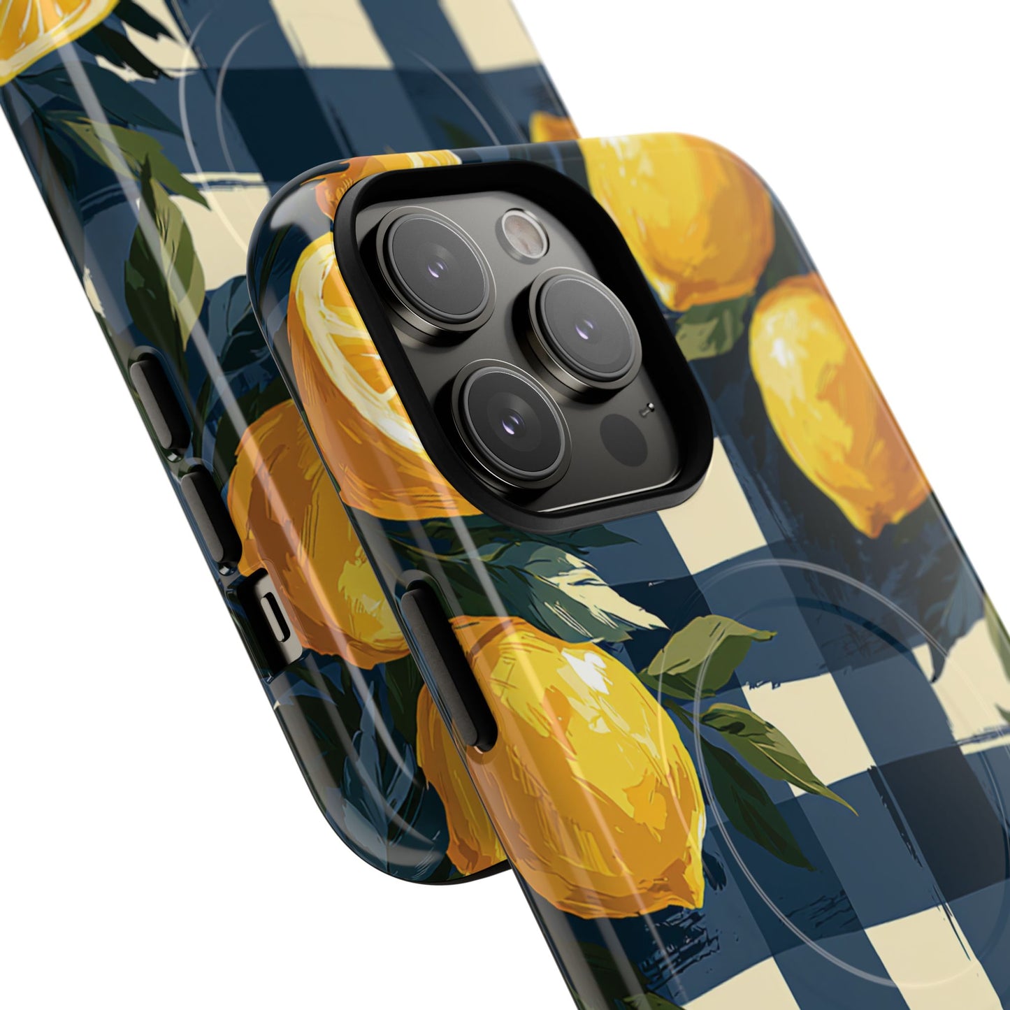 Lemon Check Tough Magnetic Phone Case — Blue Gingham Citrus Design