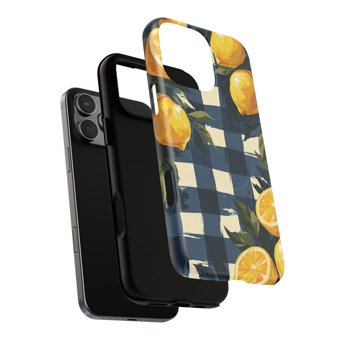 Lemon Check Tough Magnetic Phone Case — Blue Gingham Citrus Design
