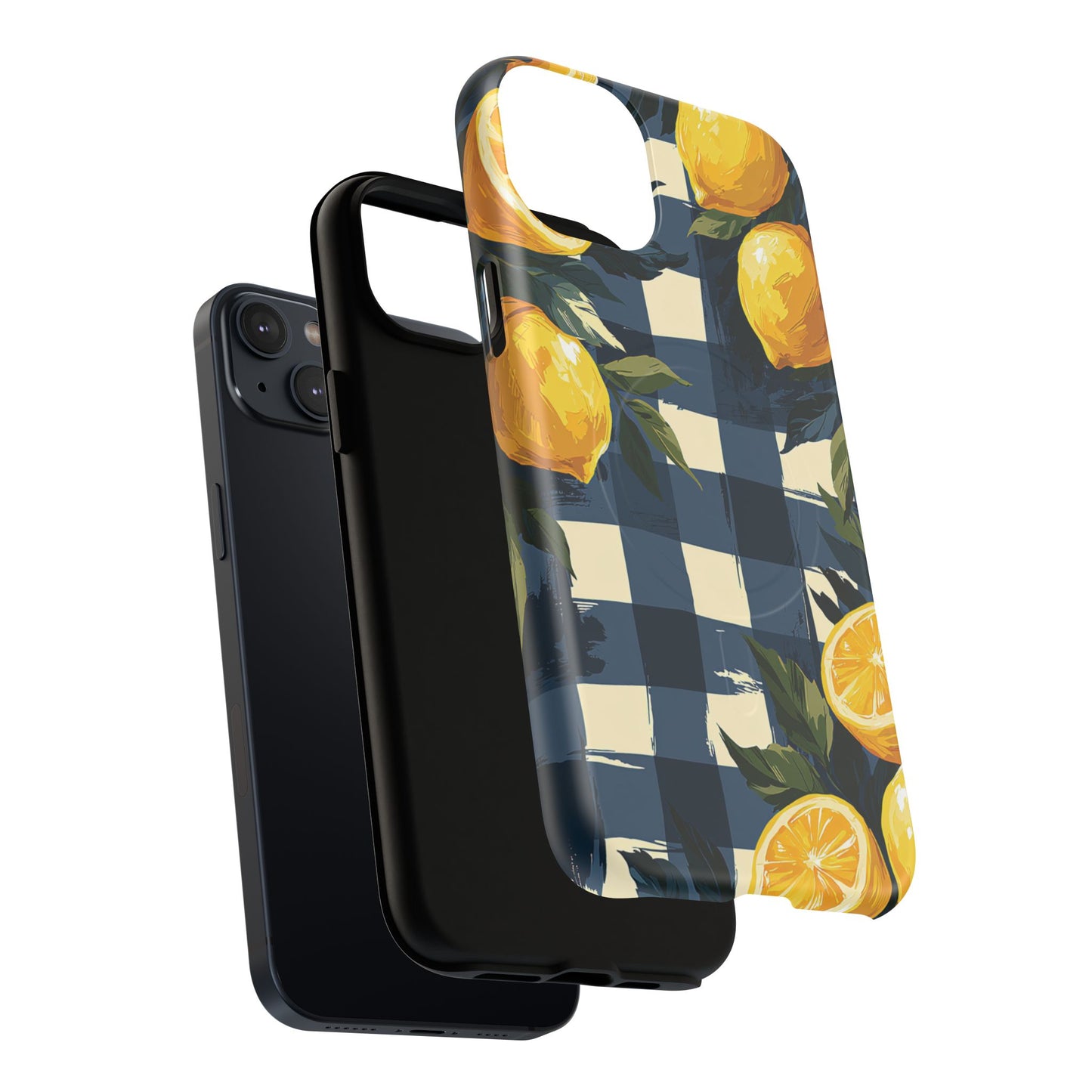 Lemon Check Tough Magnetic Phone Case — Blue Gingham Citrus Design