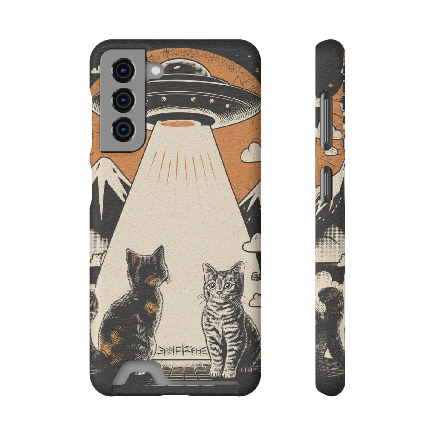Cat UFO Phone Case with Card Holder, Trendy Cat Lover Gift, Space Theme Accessories, Unique Pet Owner Present, Cute Feline Design