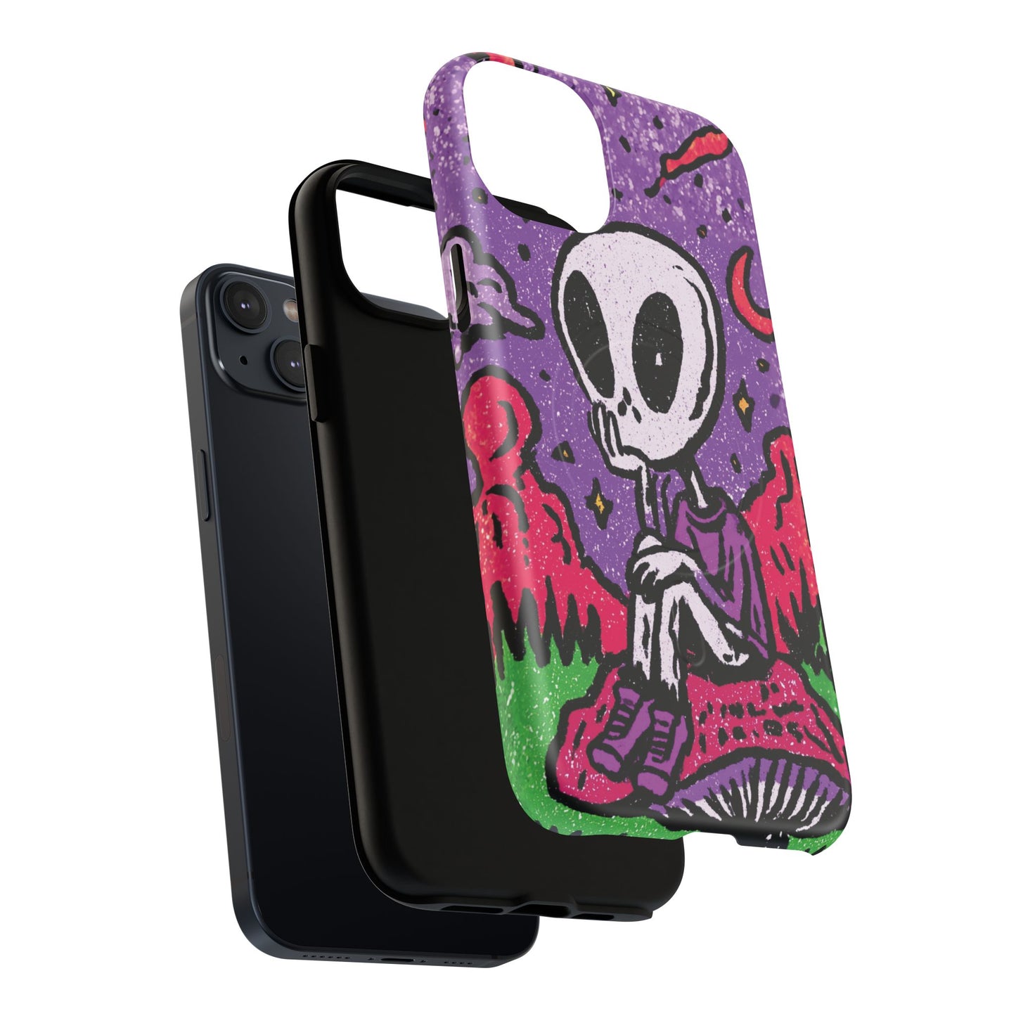 Alien Mushroom Phone Case — Cute Skeletal Space Illustration Tough Magnetic Case