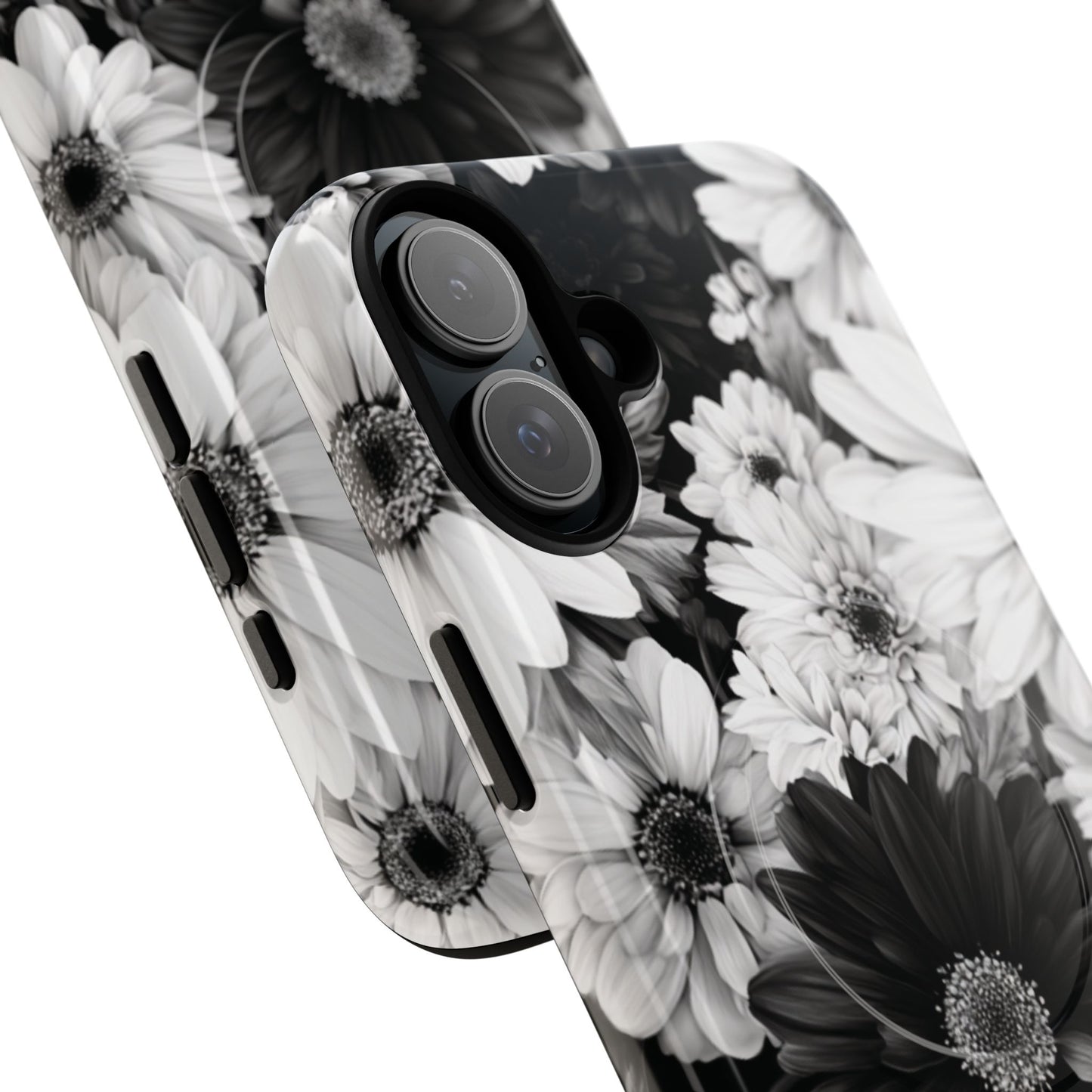 Black & White Floral Tough Magnetic Phone Case — Monochrome Daisy Protection