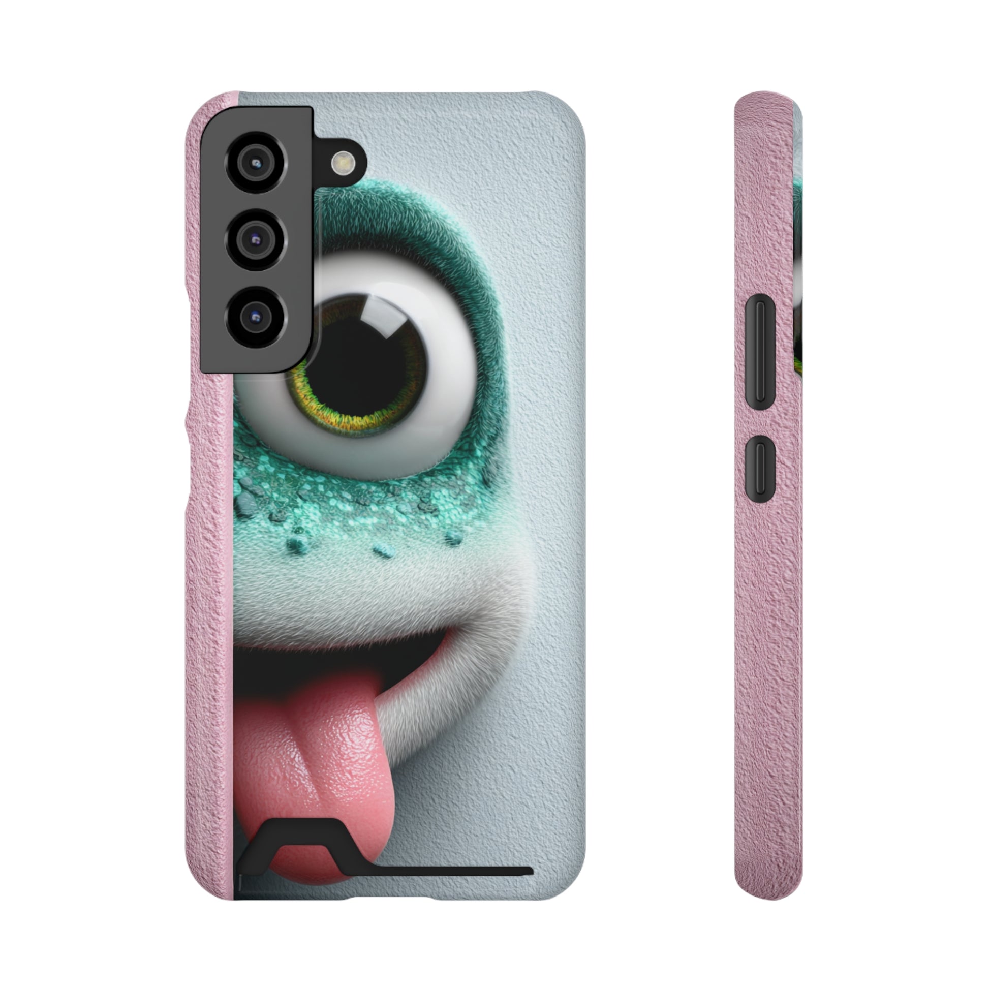 Funky cartoon-design phone case with built-in card holder slot in colorful novelty pattern