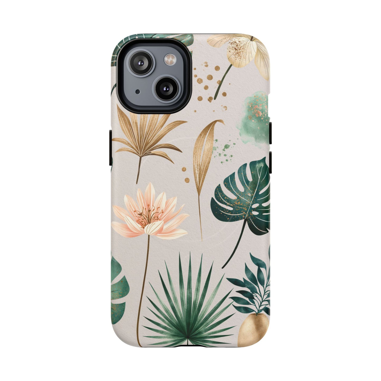 Floral Tropical Tough Magnetic Phone Case — Green Palm & Gold Leaf Design