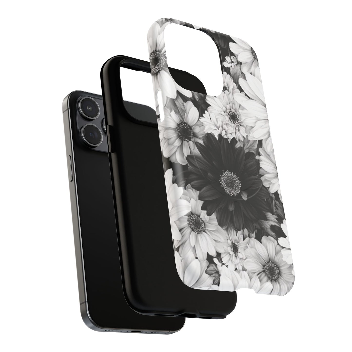Black & White Floral Tough Magnetic Phone Case — Monochrome Daisy Protection