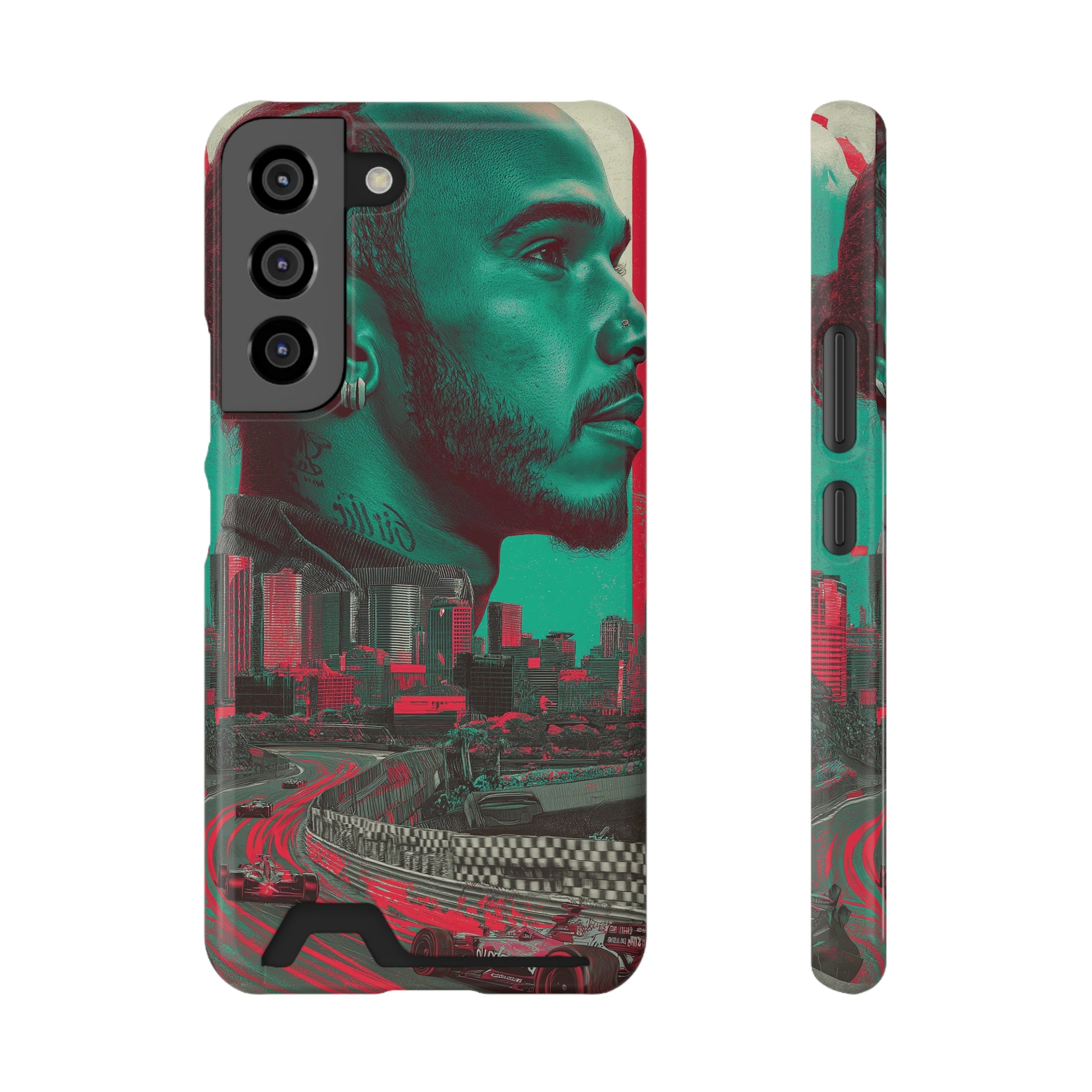 Racing-themed polycarbonate phone case with card holder slot showing bold sports car graphic design