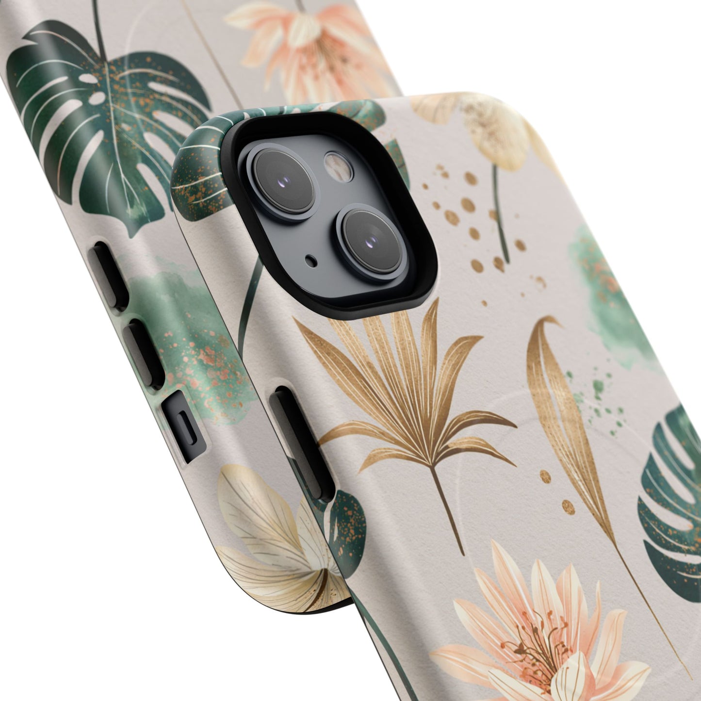 Floral Tropical Tough Magnetic Phone Case — Green Palm & Gold Leaf Design