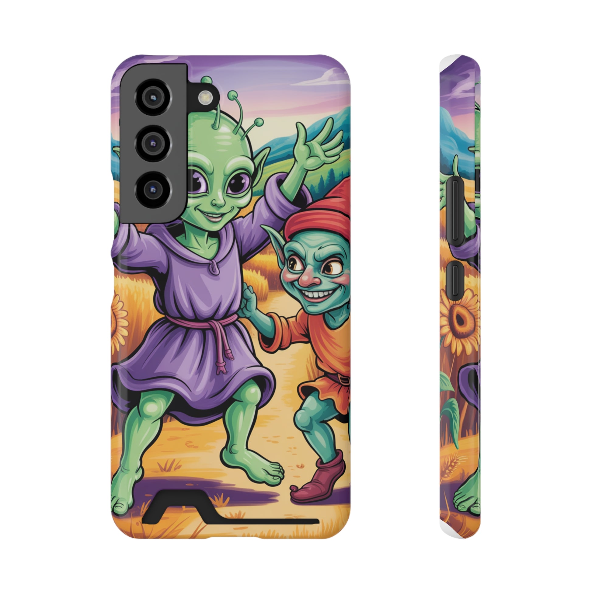 Colorful phone case with cute green alien characters and built-in card holder slot