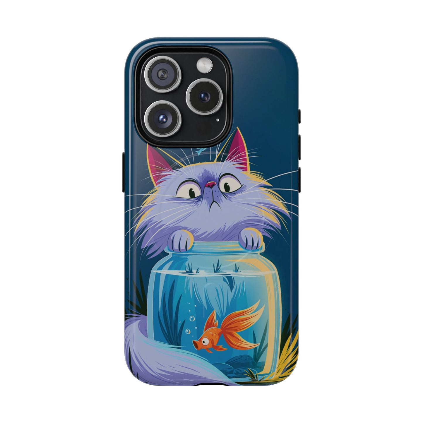 Magnetic Tough Phone Case — Playful Cat & Goldfish Illustration