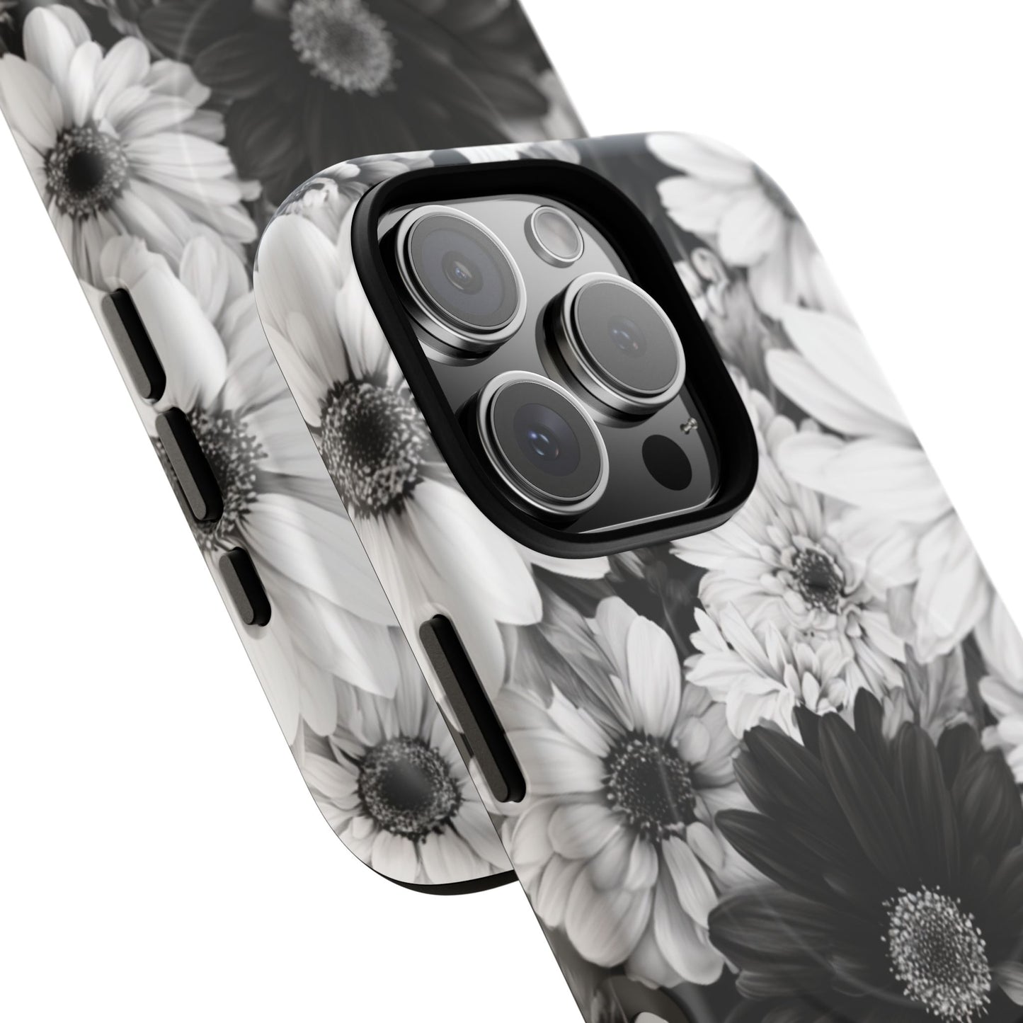 Black & White Floral Tough Magnetic Phone Case — Monochrome Daisy Protection