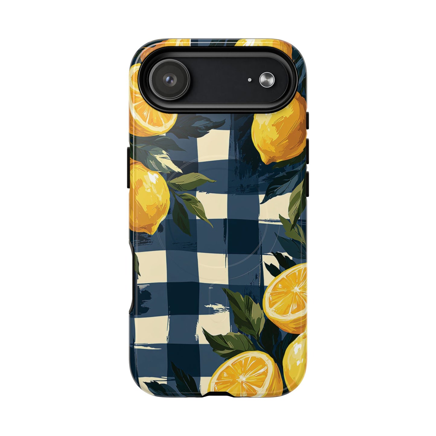 Lemon Check Tough Magnetic Phone Case — Blue Gingham Citrus Design