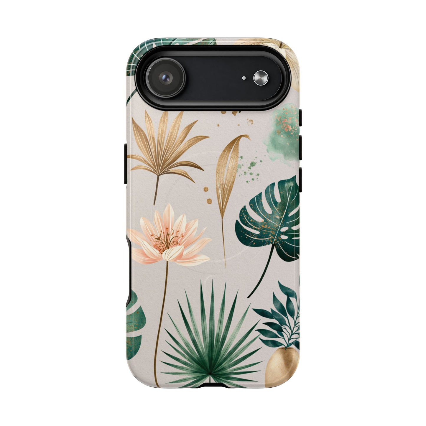 Floral Tropical Tough Magnetic Phone Case — Green Palm & Gold Leaf Design