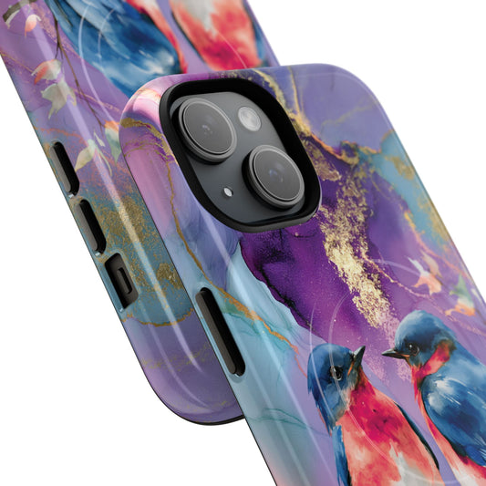Bird Pair Tough Magnetic Phone Case — Purple Watercolor Floral Design