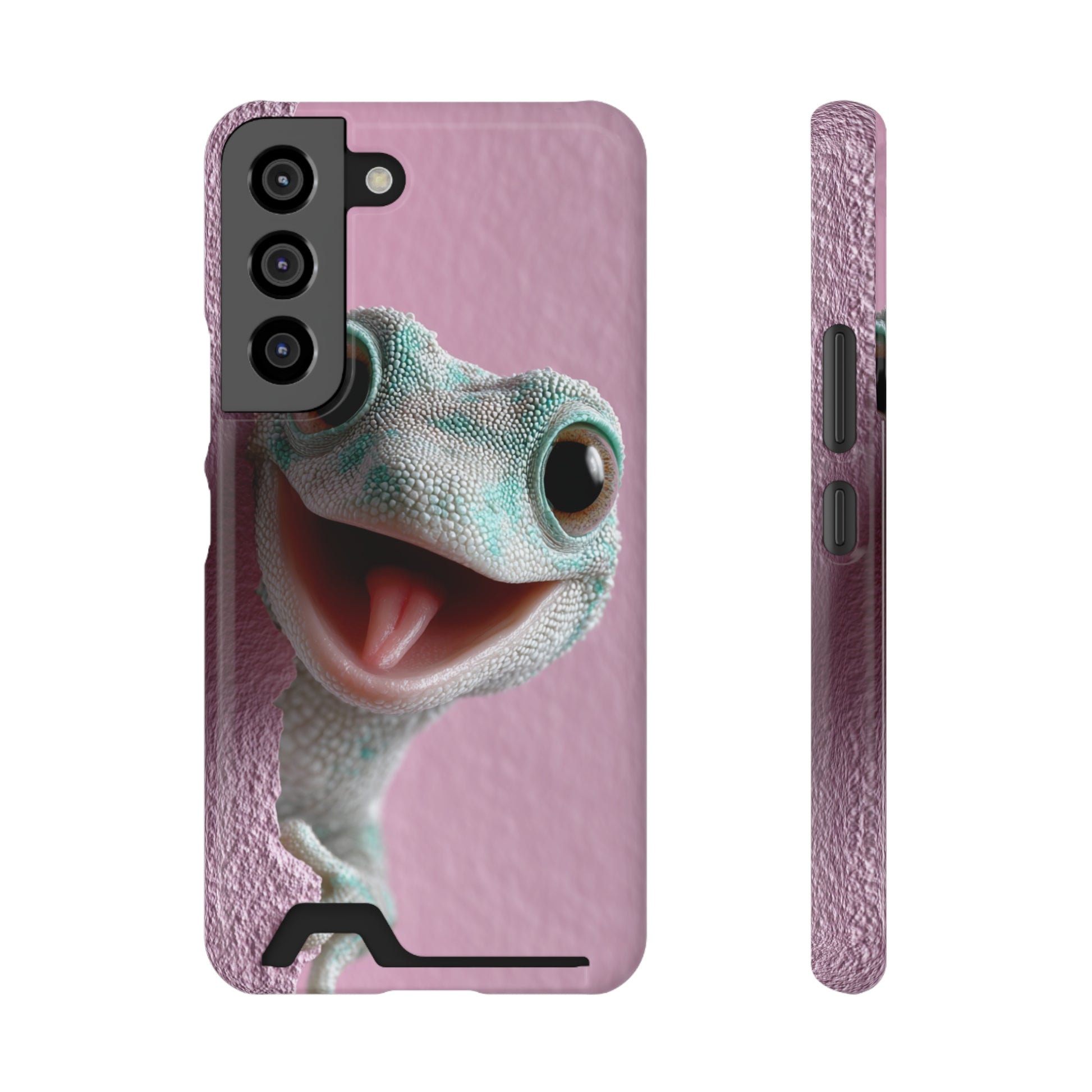 Pink gecko-design phone case with card holder slot showing slim colorful kawaii animal artwork