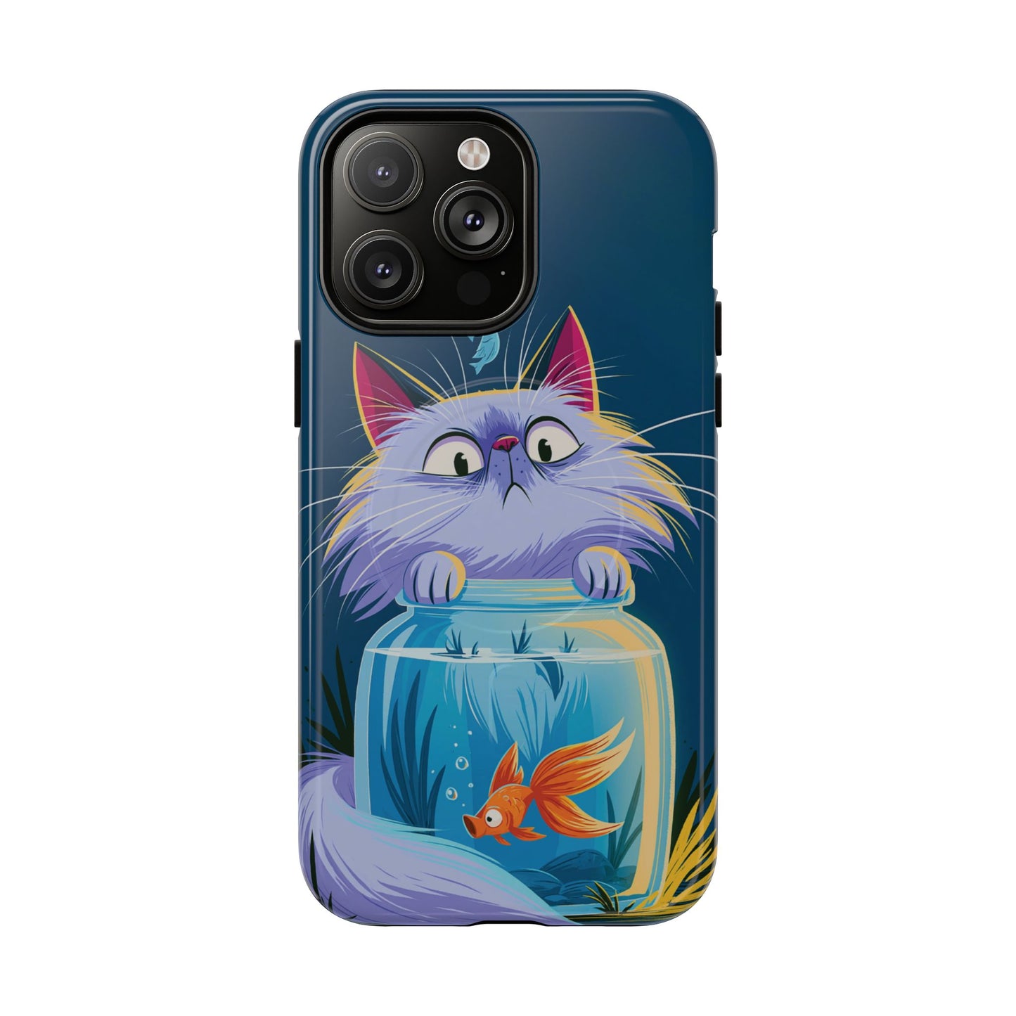 Magnetic Tough Phone Case — Playful Cat & Goldfish Illustration