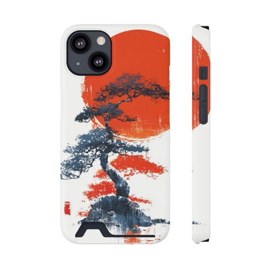 Artistic Phone Case with Card Holder, Japanese Tree Design, Minimalist Style, Perfect Gift for Nature Lovers, Functional Accessory