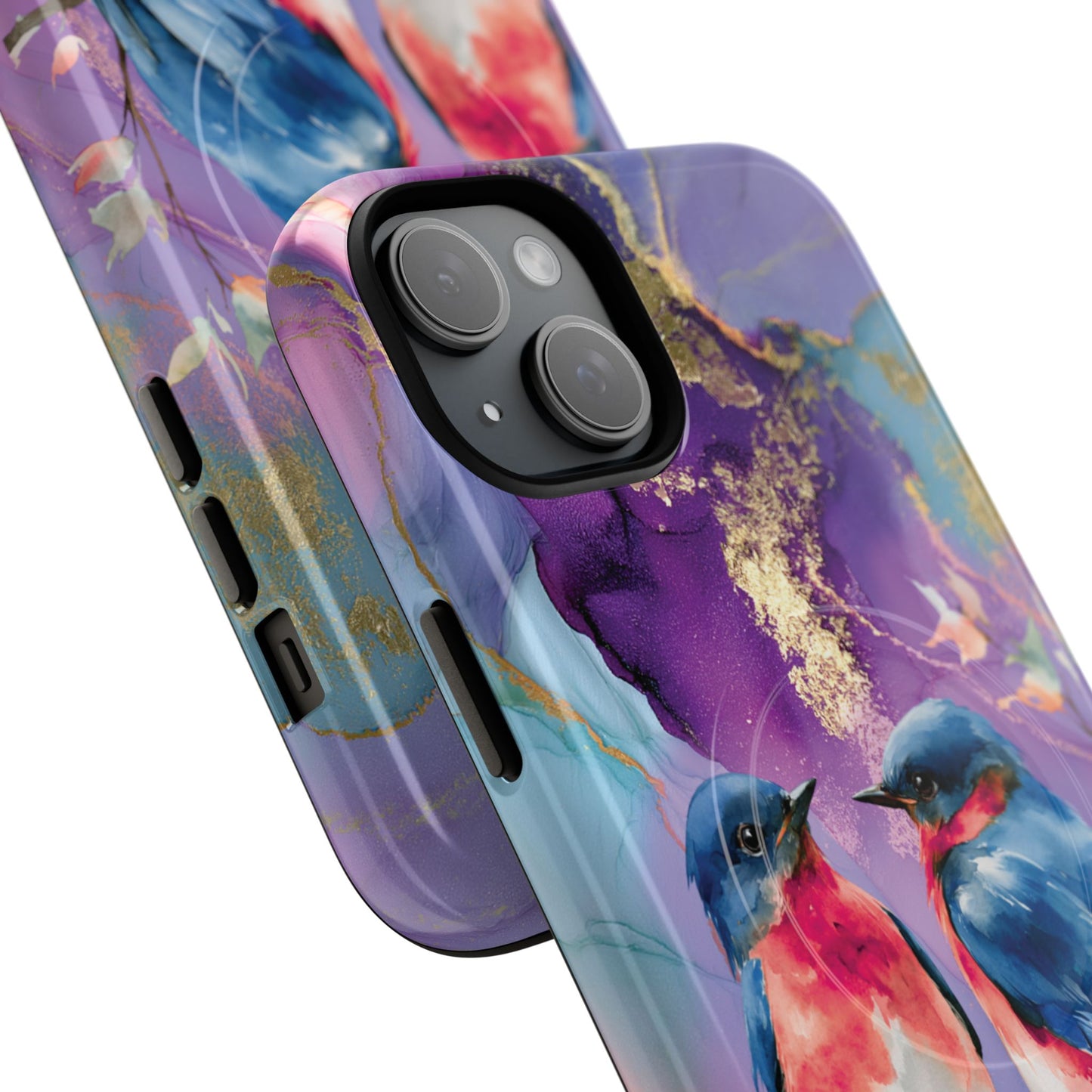 Bird Pair Tough Magnetic Phone Case — Purple Watercolor Floral Design