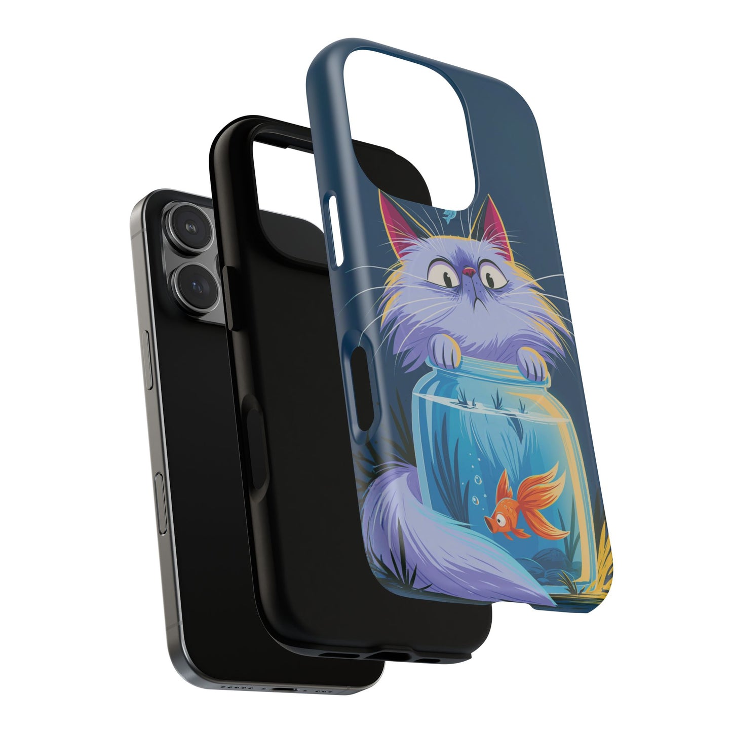Magnetic Tough Phone Case — Playful Cat & Goldfish Illustration