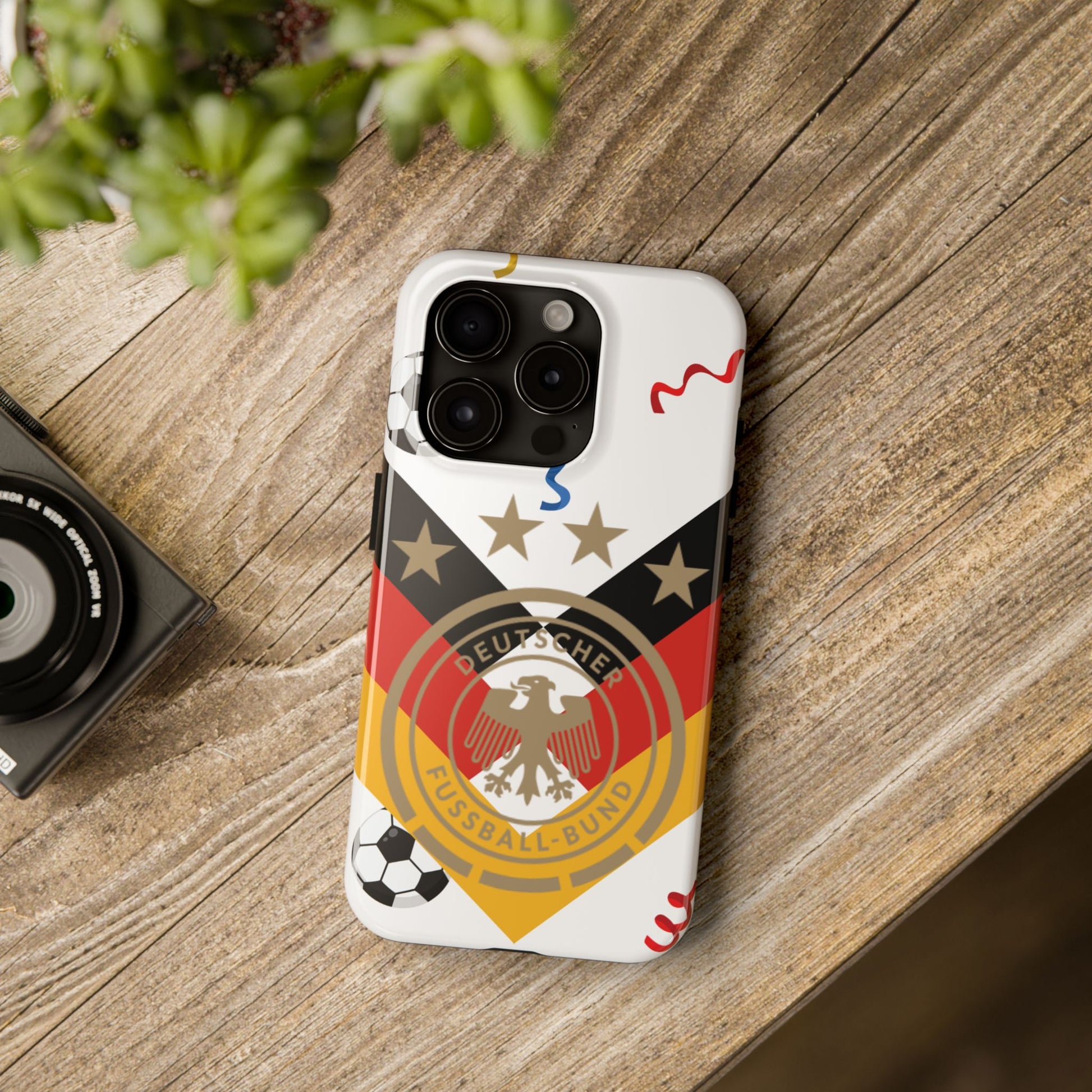 Tough phone case with a glossy German football emblem graphic on a polycarbonate and TPU dual-layer protective shell