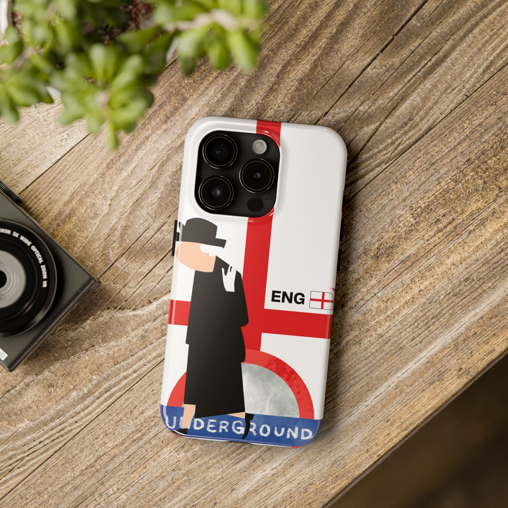 Tough phone case with St. George's Cross and retro London Underground tube map motif and suited figure silhouette