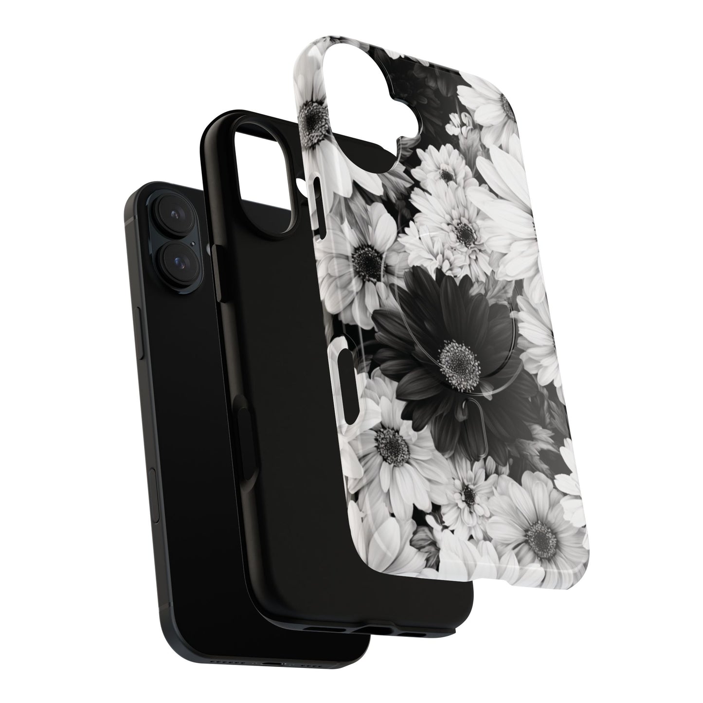 Black & White Floral Tough Magnetic Phone Case — Monochrome Daisy Protection
