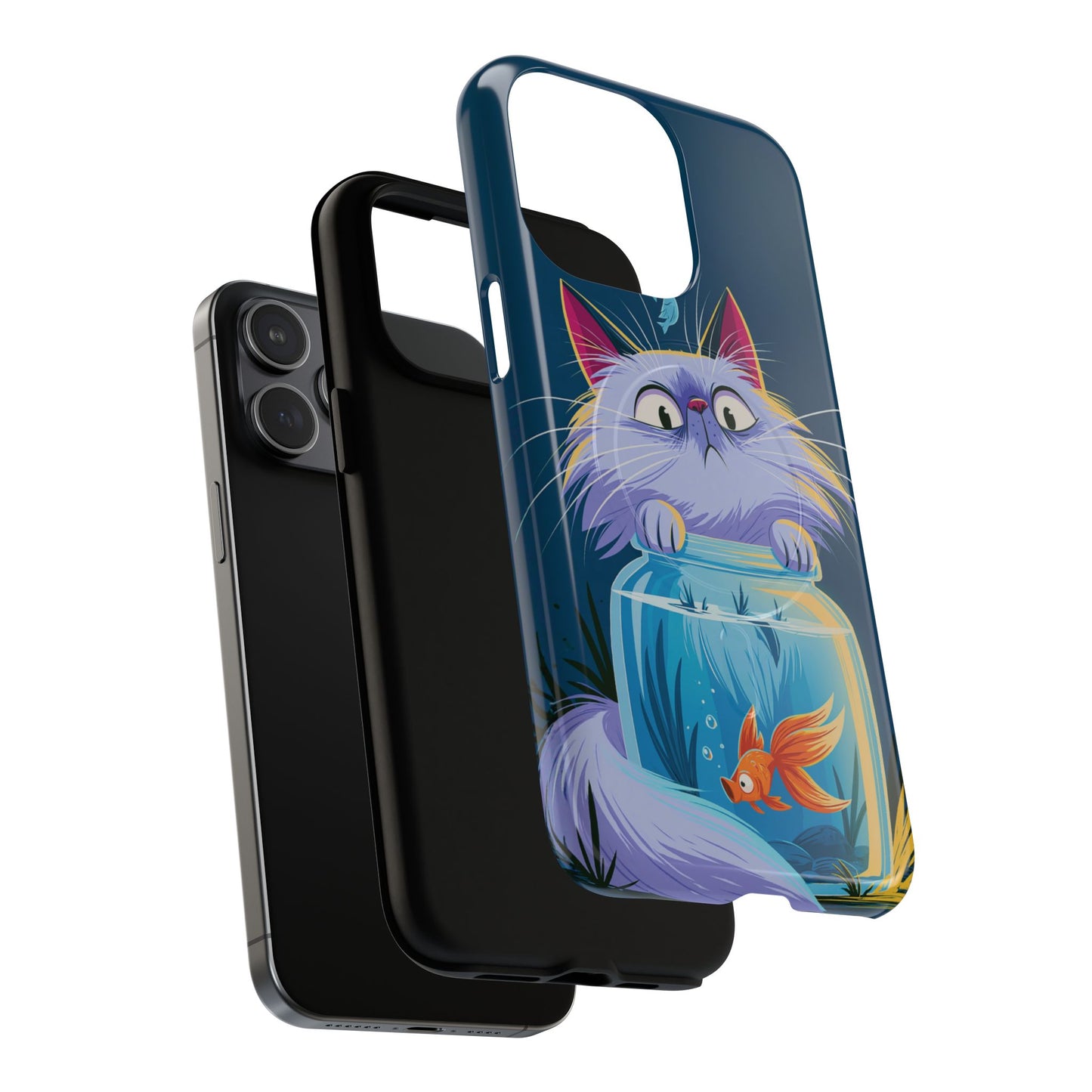Magnetic Tough Phone Case — Playful Cat & Goldfish Illustration