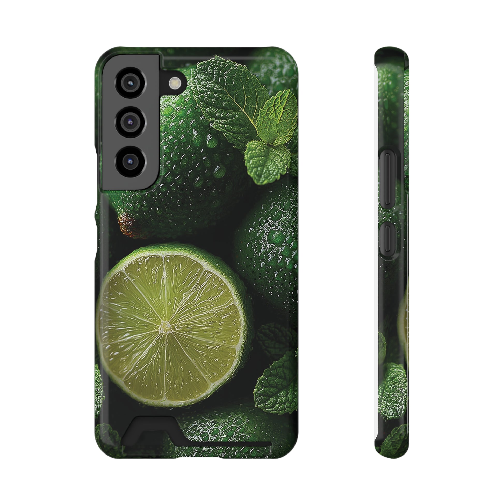 Lime green citrus-print phone case with built-in card holder slot featuring fresh lime slices and mint leaf design