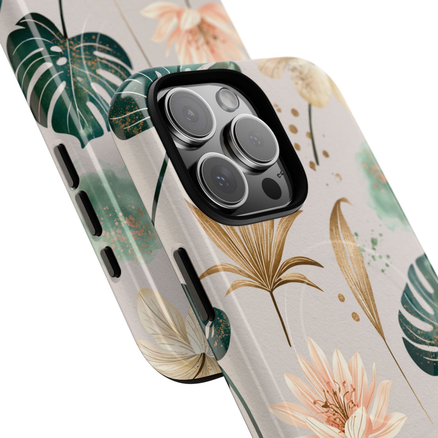 Floral Tropical Tough Magnetic Phone Case — Green Palm & Gold Leaf Design