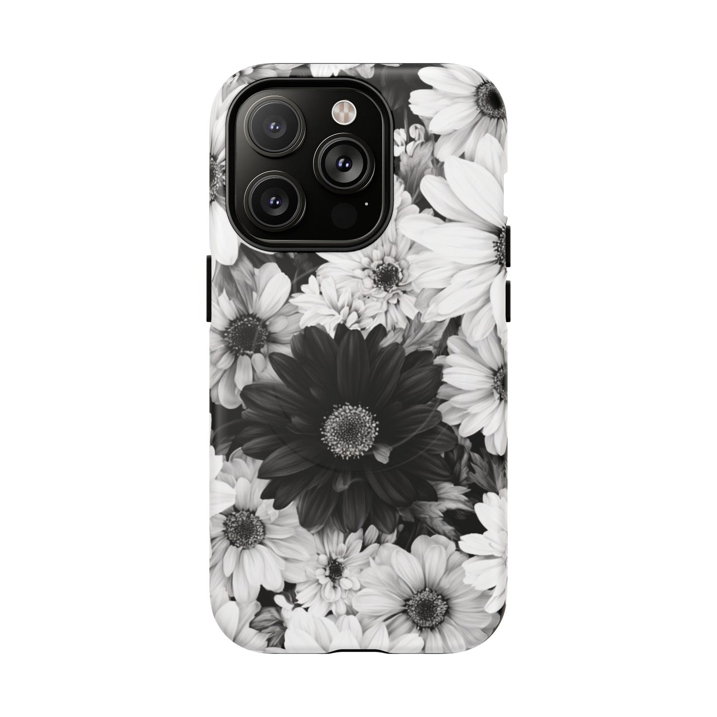 Black & White Floral Tough Magnetic Phone Case — Monochrome Daisy Protection