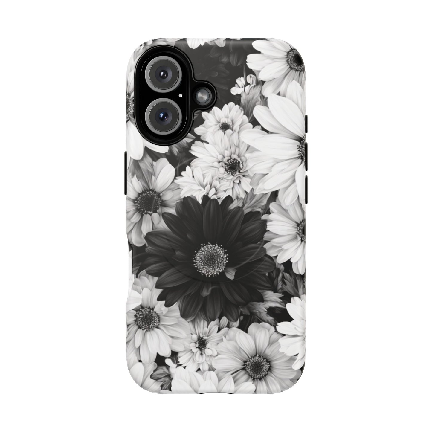 Black & White Floral Tough Magnetic Phone Case — Monochrome Daisy Protection