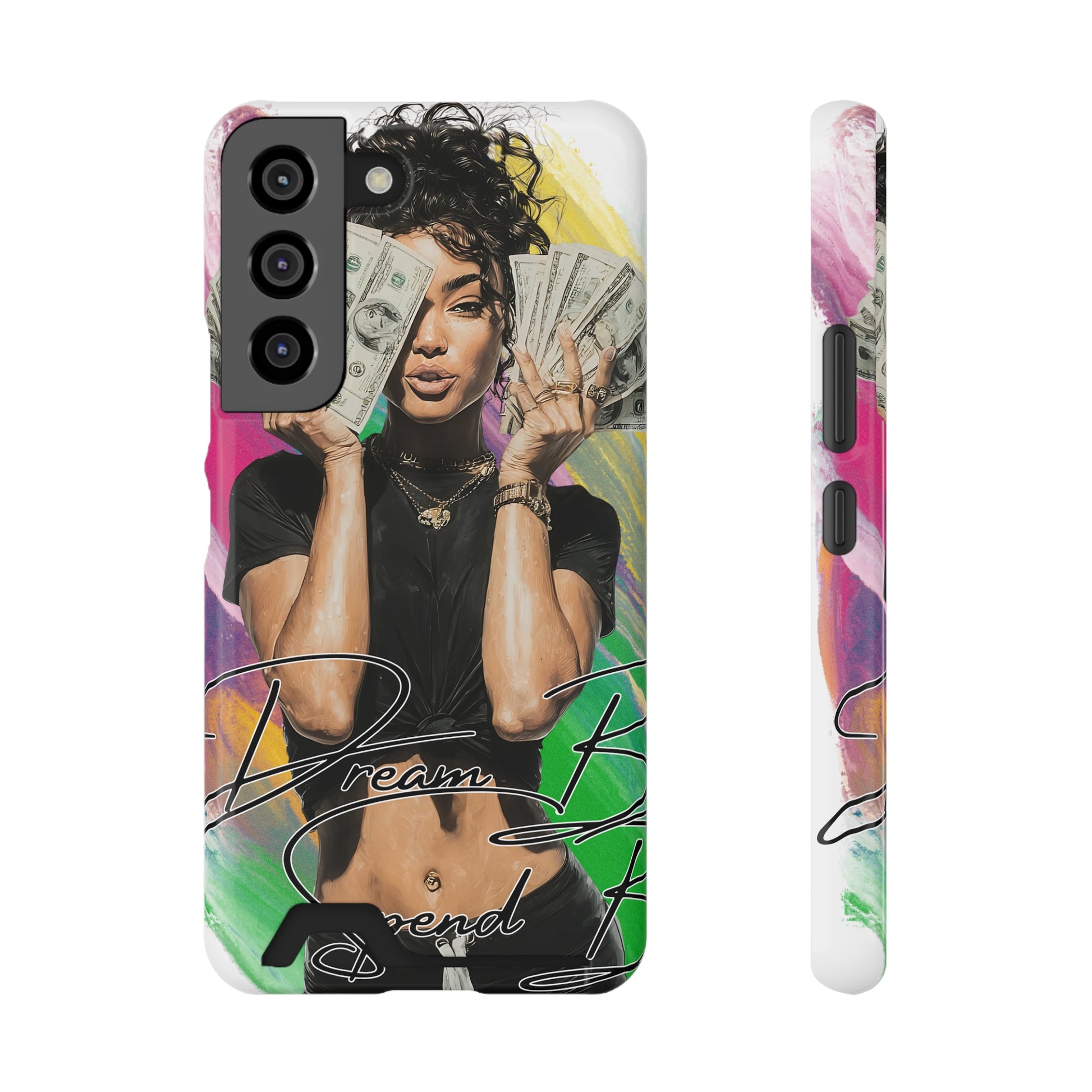 Slim vibrant phone case with card holder featuring a Dream Big inspirational design