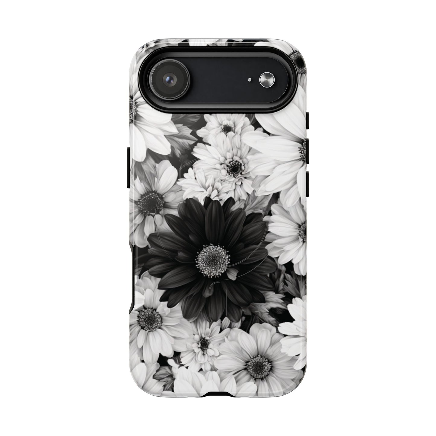 Black & White Floral Tough Magnetic Phone Case — Monochrome Daisy Protection