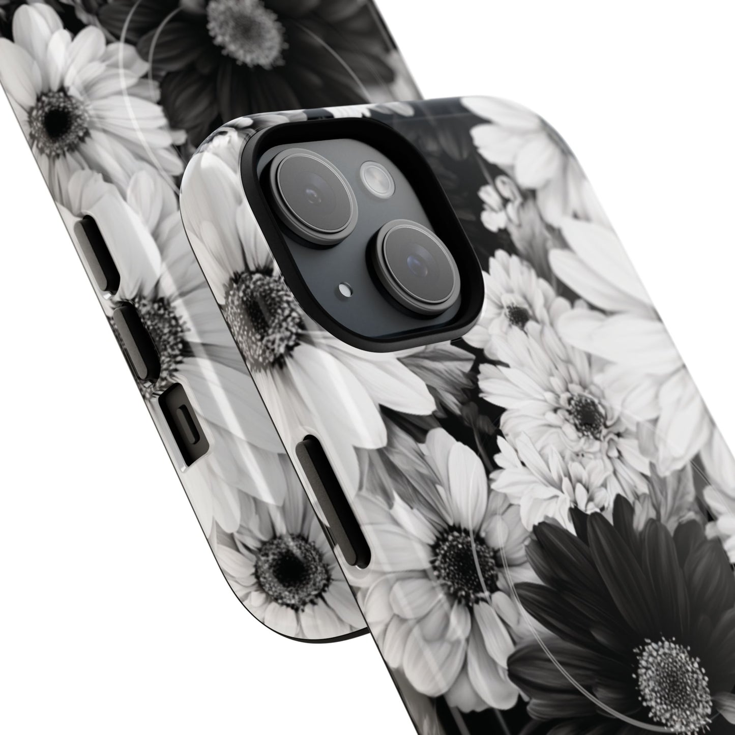 Black & White Floral Tough Magnetic Phone Case — Monochrome Daisy Protection