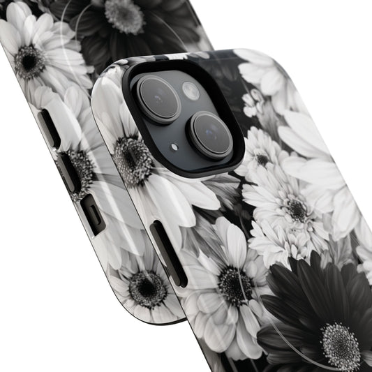 Black & White Floral Tough Magnetic Phone Case — Monochrome Daisy Protection