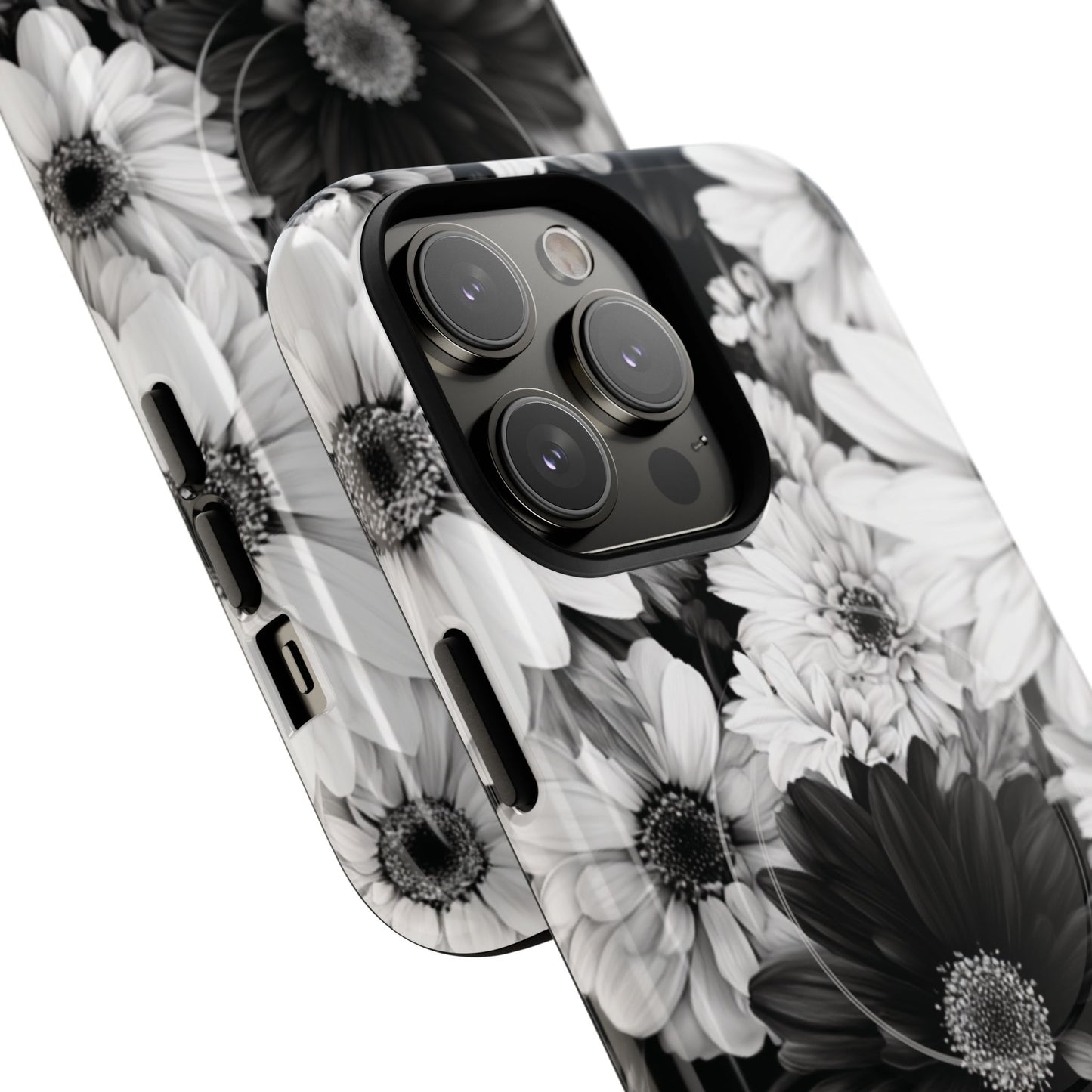 Black & White Floral Tough Magnetic Phone Case — Monochrome Daisy Protection