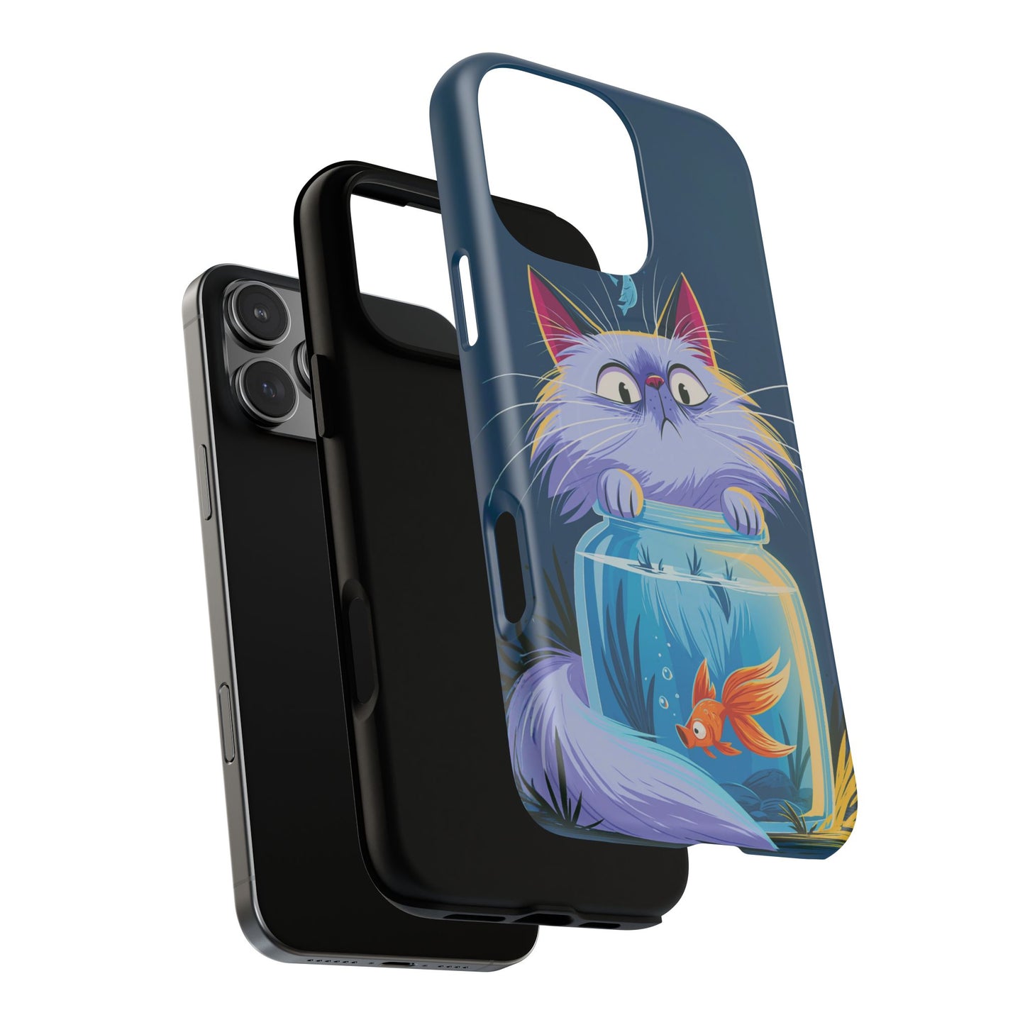 Magnetic Tough Phone Case — Playful Cat & Goldfish Illustration